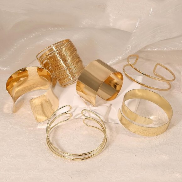 6pcs Gold Chunky Cuff Bracelets Set for Women - Adjustable Open Design Party Jew - Picture 5 of 7
